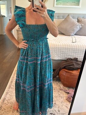 Cleobella Teal Paisley Smocked Maxi Dress with Flutter Sleeves